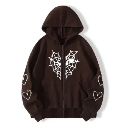 Sp5der Zipper Web & Heart Print Hoodie Brown